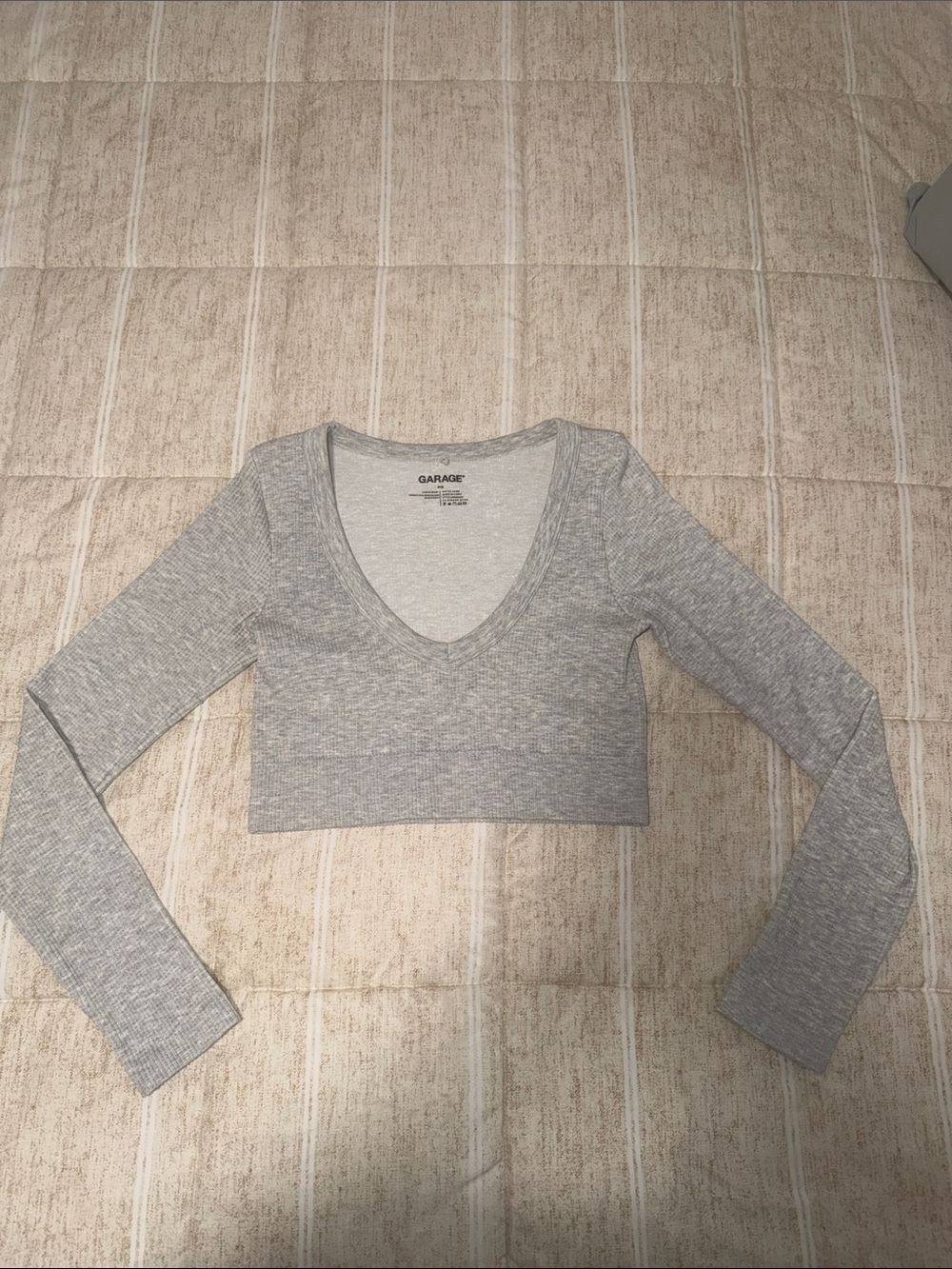 Garage Heather Gray Ribbed V-Neck Long Sleeve Crop Top